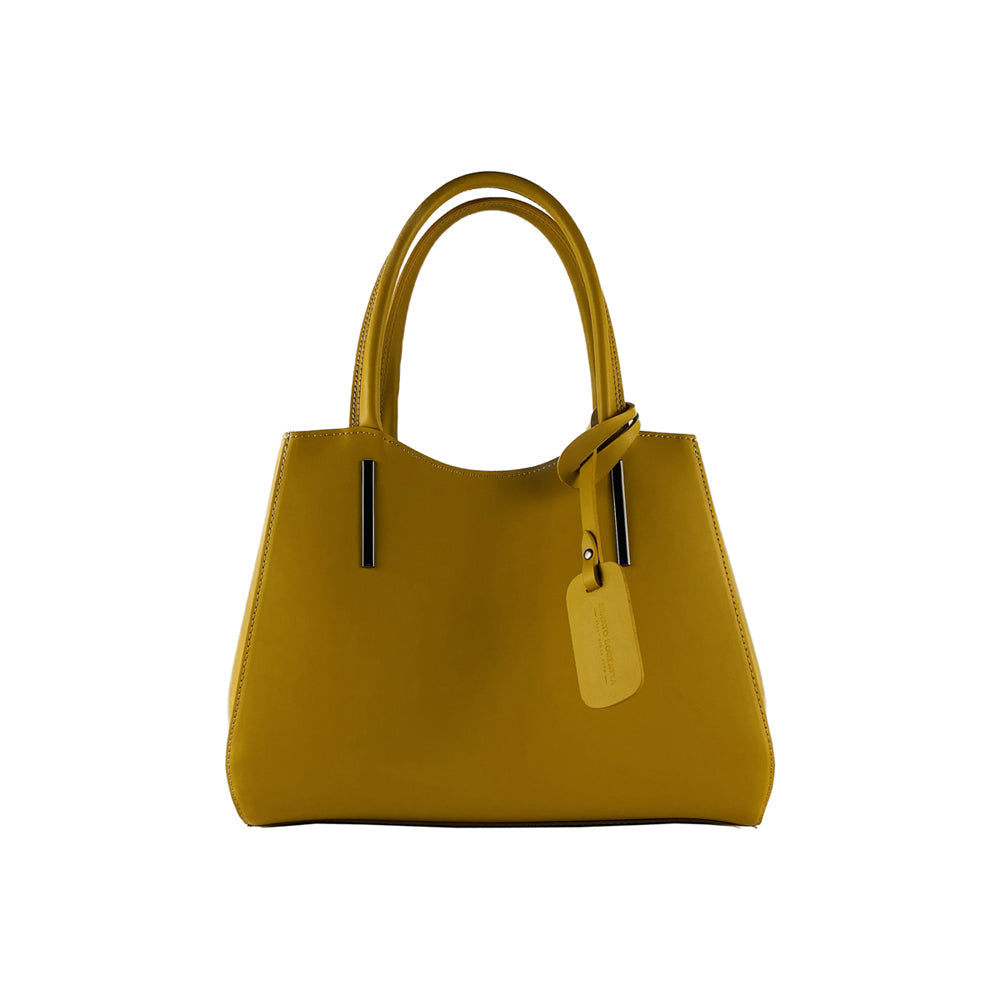 RB1004R | Genuine Leather Handbag Made in Italy with Removable Shoulder Strap and Metal Snap Hook Attachments - Gunmetal - Mustard Color - Dimensions: 33 x 25 x 15 cm + Handles 13 cm