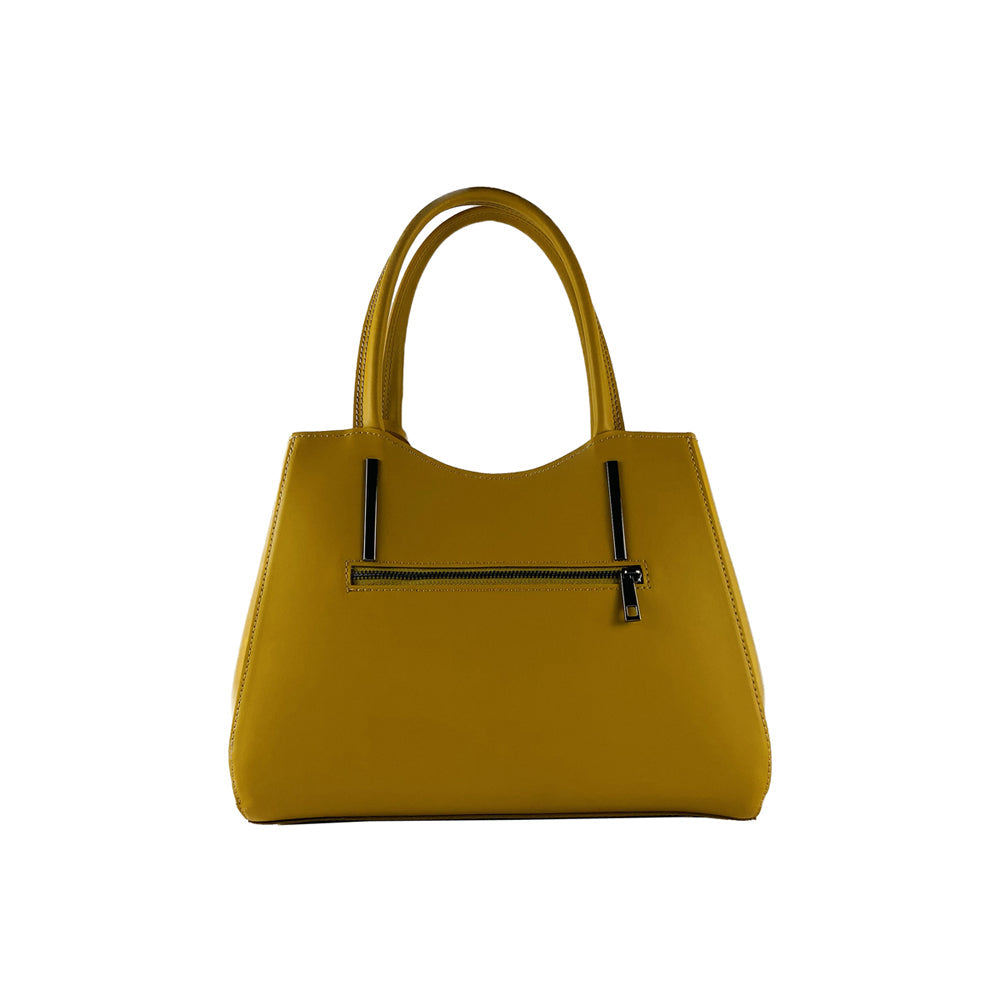 RB1004R | Genuine Leather Handbag Made in Italy with Removable Shoulder Strap and Metal Snap Hook Attachments - Gunmetal - Mustard Color - Dimensions: 33 x 25 x 15 cm + Handles 13 cm