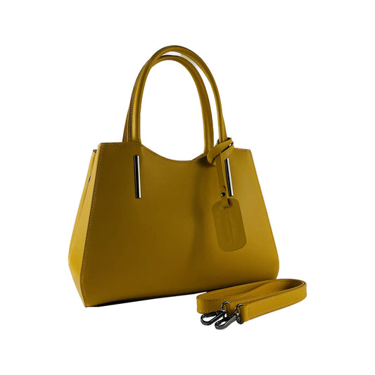 RB1004R | Genuine Leather Handbag Made in Italy with Removable Shoulder Strap and Metal Snap Hook Attachments - Gunmetal - Mustard Color - Dimensions: 33 x 25 x 15 cm + Handles 13 cm
