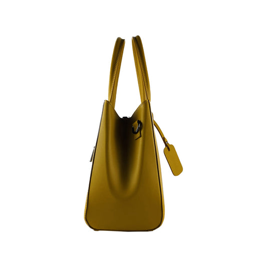 RB1004R | Genuine Leather Handbag Made in Italy with Removable Shoulder Strap and Metal Snap Hook Attachments - Gunmetal - Mustard Color - Dimensions: 33 x 25 x 15 cm + Handles 13 cm