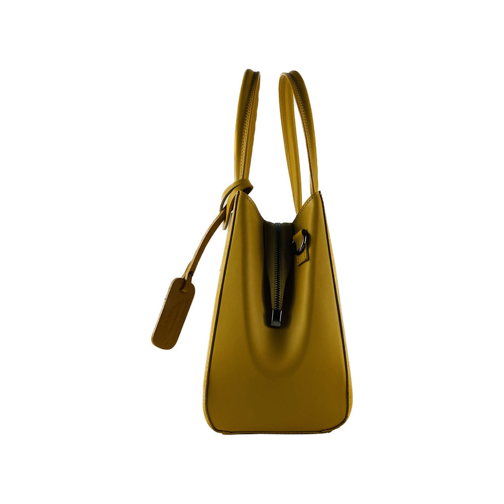 RB1004R | Genuine Leather Handbag Made in Italy with Removable Shoulder Strap and Metal Snap Hook Attachments - Gunmetal - Mustard Color - Dimensions: 33 x 25 x 15 cm + Handles 13 cm